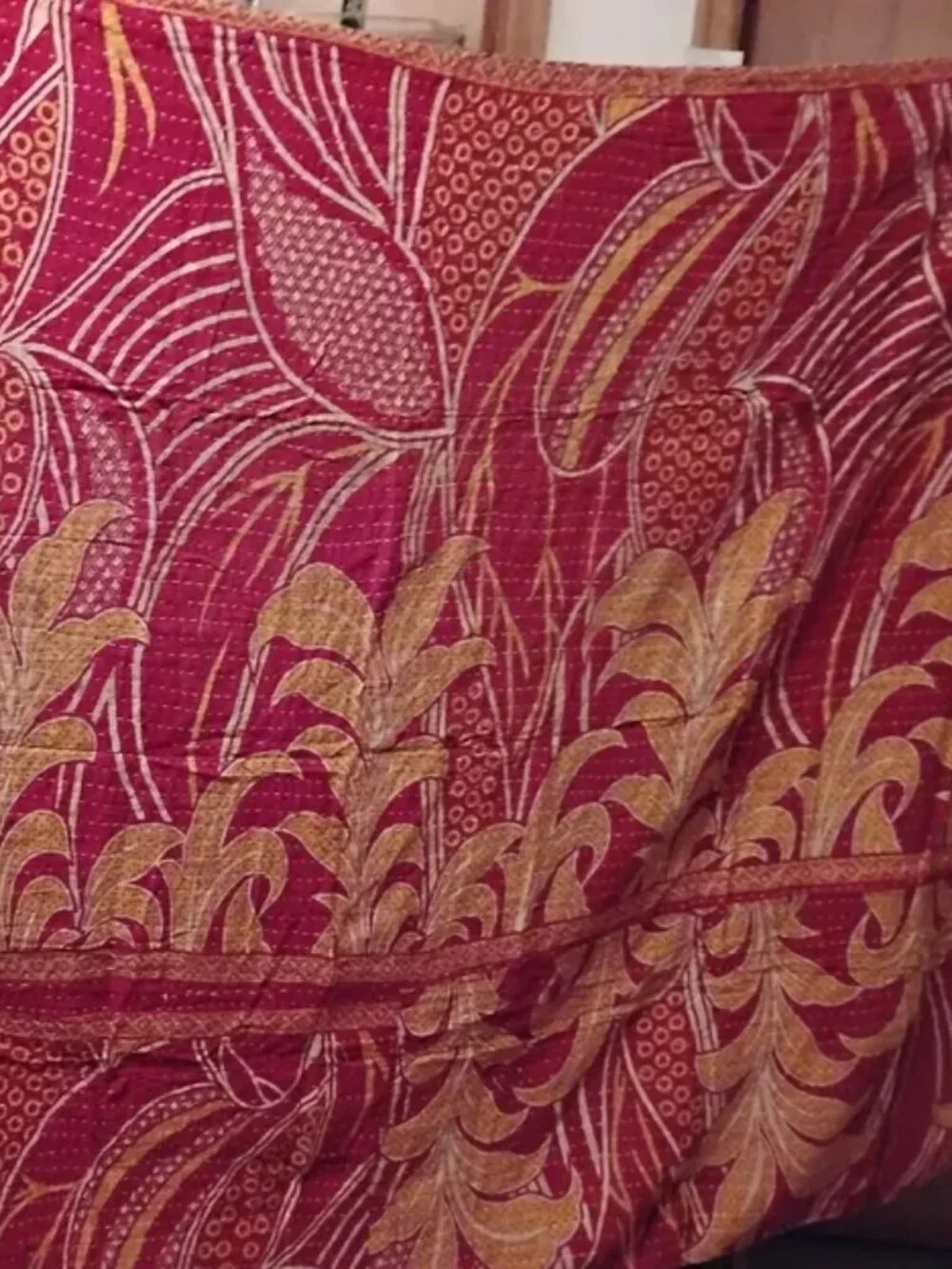 Kantha Quilt Red Yellow Large Leaves Premium 3 Layer Cotton K216.